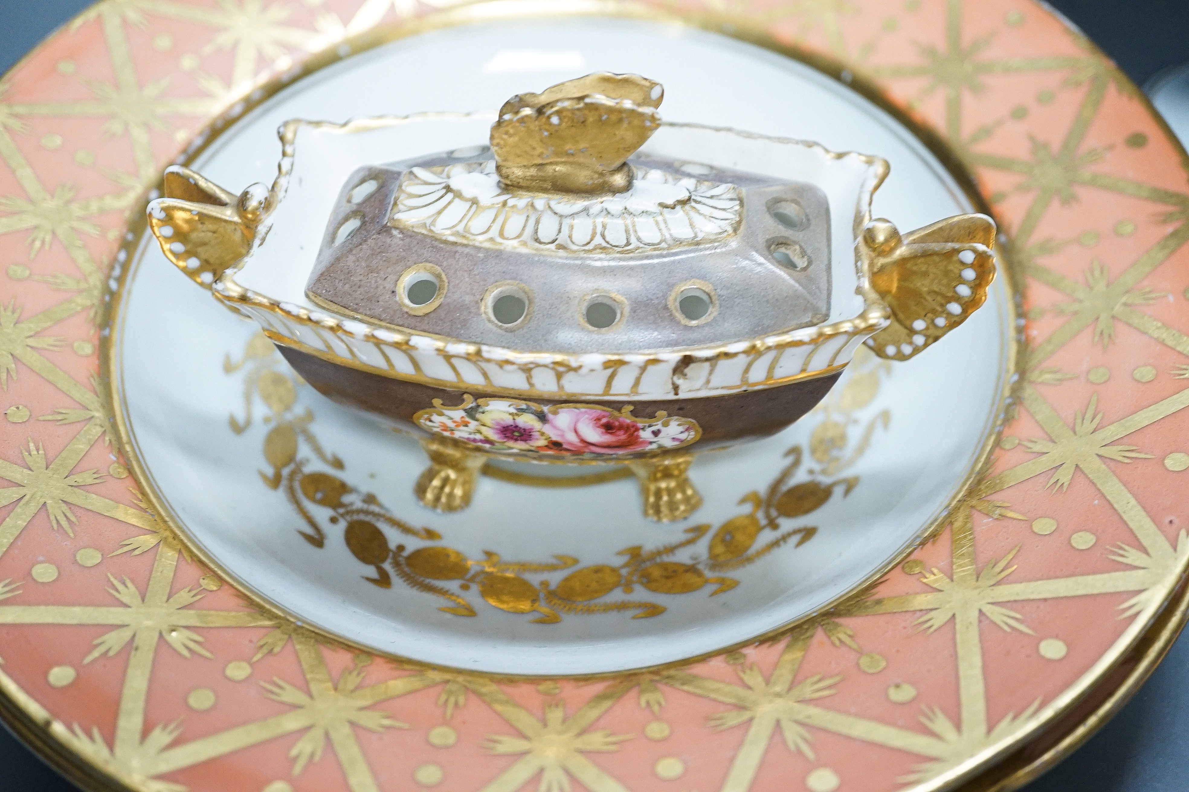 Regency porcelains - a Spode pot pourri, pair of plates, armorial cream pail and cover and a saucer and later cup, tallest 21 cm